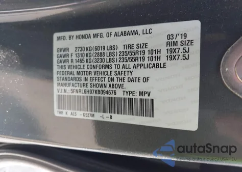 2019 Honda Odyssey Elite z USA, uszkodzony, nr VIN 5FNRL6H97KB094676